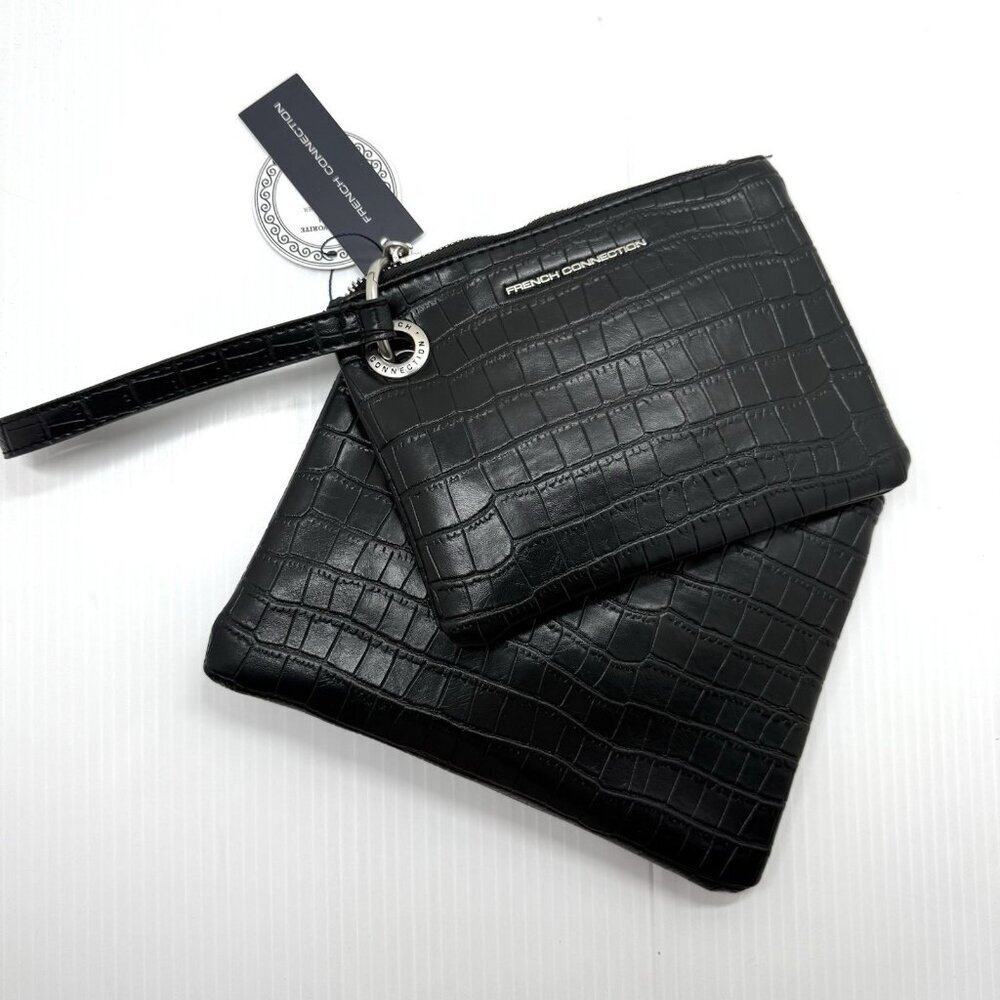 French Connection Dale Croco Double Zip Wristlet Black NWT Slim Pouch